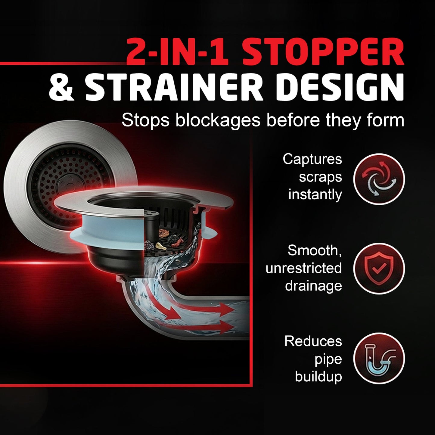 Kitchen Sink Drain Strainer, 2-in-1 Pop-Up Sink Stopper & Strainer with Removable Anti-Clog Basket, 304 Stainless Steel, Fits 3"-3.4" US Standard Drains