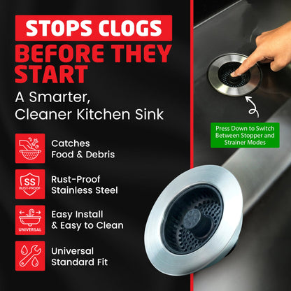 Kitchen Sink Drain Strainer, 2-in-1 Pop-Up Sink Stopper & Strainer with Removable Anti-Clog Basket, 304 Stainless Steel, Fits 3"-3.4" US Standard Drains