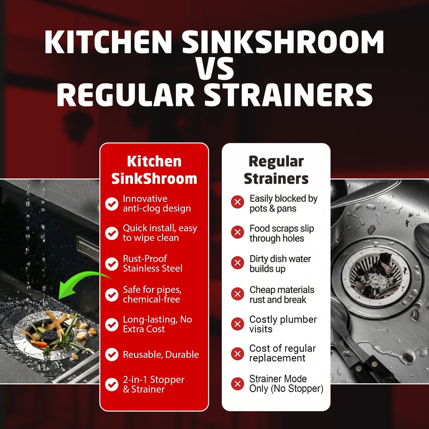 Kitchen Sink Drain Strainer, 2-in-1 Pop-Up Sink Stopper & Strainer with Removable Anti-Clog Basket, 304 Stainless Steel, Fits 3"-3.4" US Standard Drains