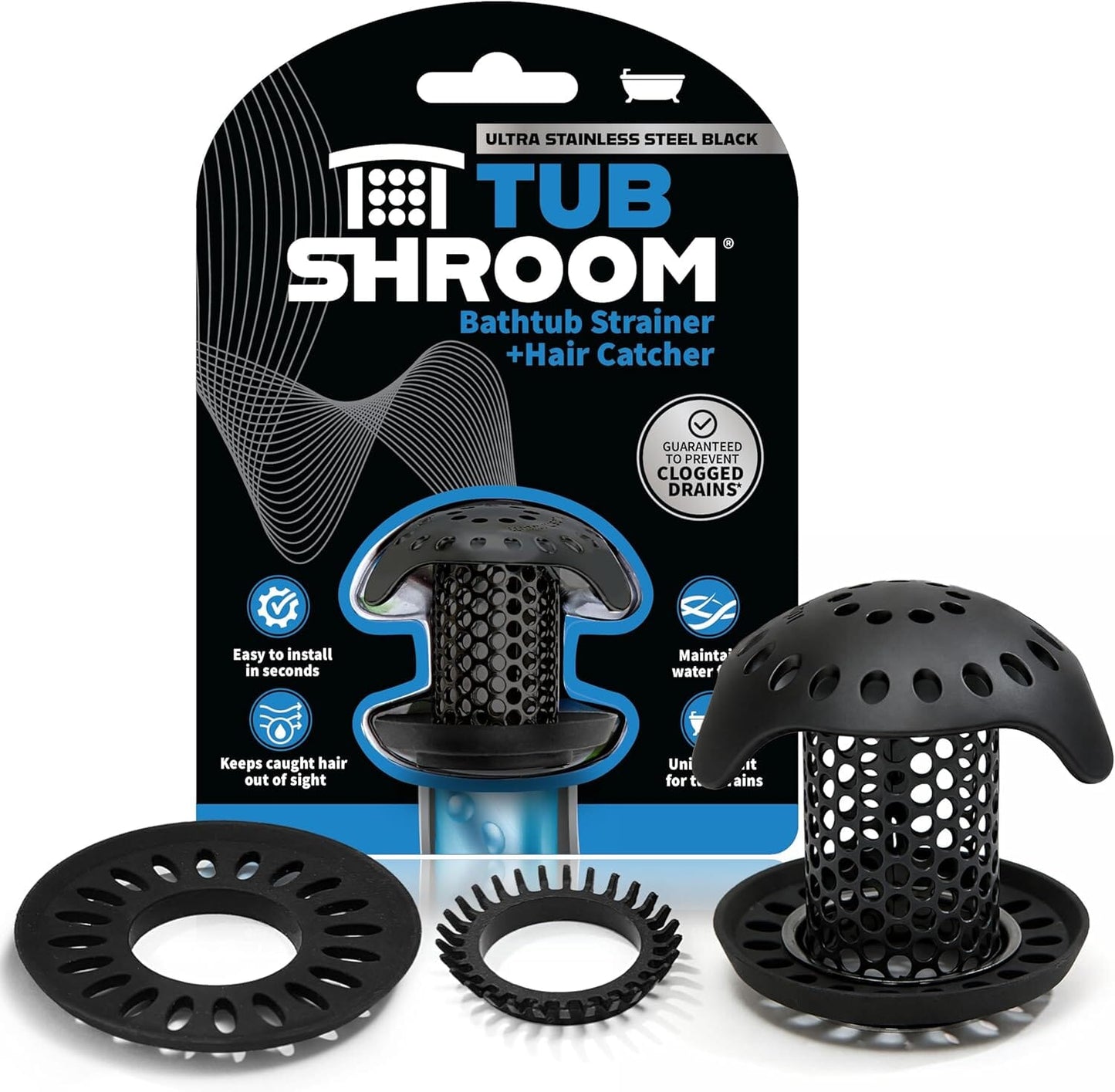Ultra Stainless Steel Drain Protector, Hair Catcher Strainer for Bathroom Tub and Shower, Matte Black, 1-Pack