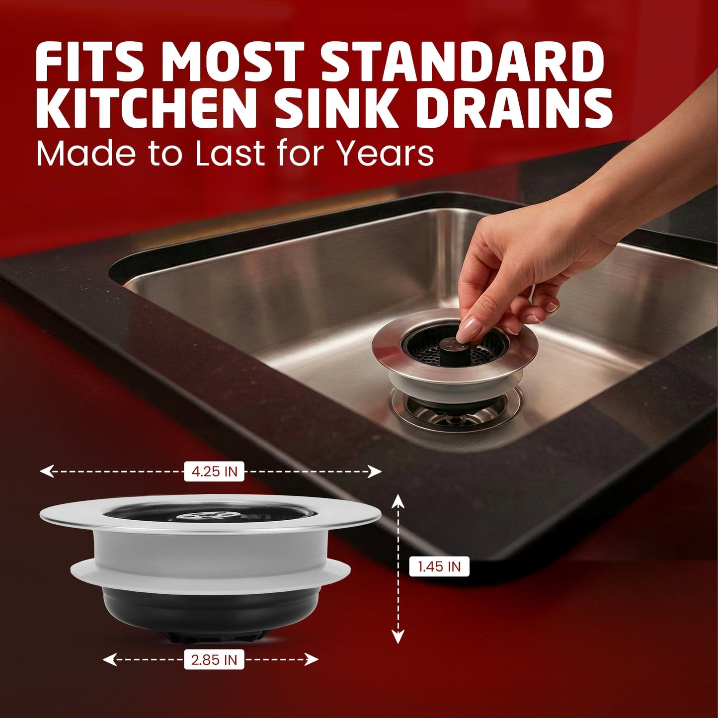 Kitchen Sink Drain Strainer, 2-in-1 Pop-Up Sink Stopper & Strainer with Removable Anti-Clog Basket, 304 Stainless Steel, Fits 3"-3.4" US Standard Drains