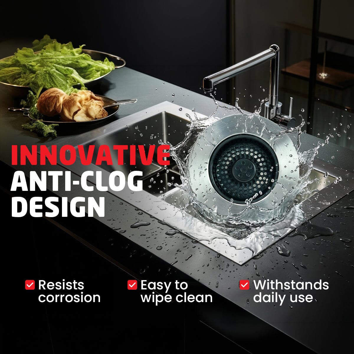Kitchen Sink Drain Strainer, 2-in-1 Pop-Up Sink Stopper & Strainer with Removable Anti-Clog Basket, 304 Stainless Steel, Fits 3"-3.4" US Standard Drains